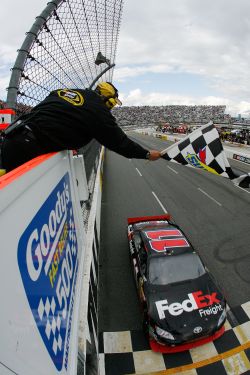 Denny Hamlin crosses the finish line to win the Goody's Fast Pain Relief 500, his second straight victory at Martinsville Speedway. Credit: Jason Smith/Getty Images for NASCAR